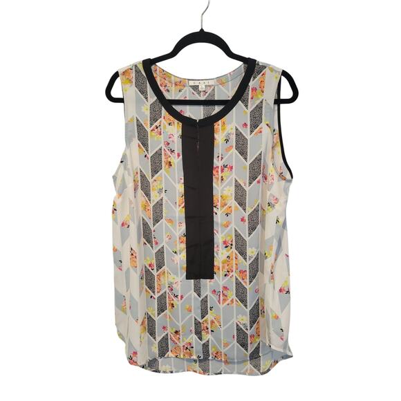 CAbi Large Grosgrain Ribbon Geometric Floral Print Sleeveless Blouse Career Art - Picture 2 of 8